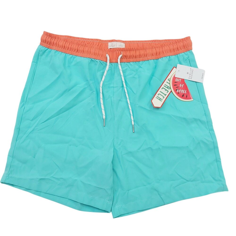 Public Record Shorts Mens Large Green Swim Trunks Unlined Board Pool Beach Surf